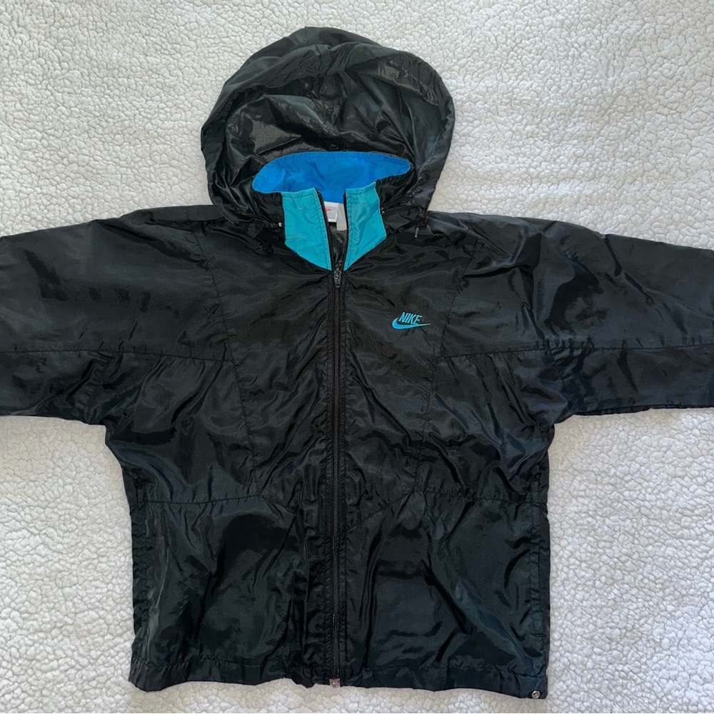 VTG NIKE 90s hooded windbreaker jacket track zipper pockets blue teal black S